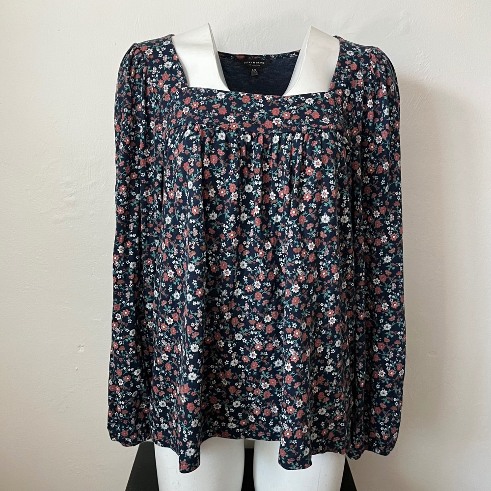 Lucky Brand Navy Floral Square Neck Long Sleeve Top Large